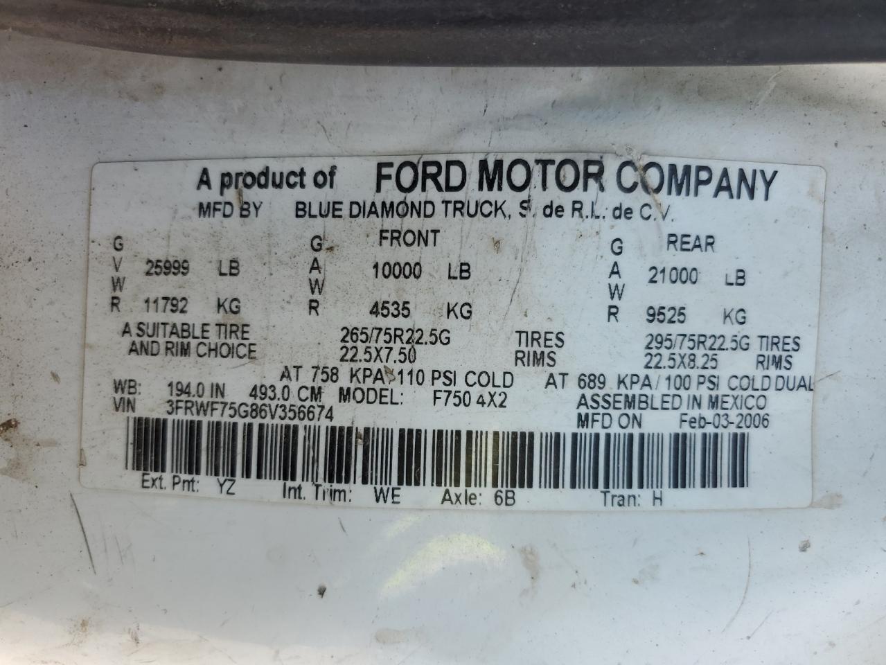 2006 Ford F750 Super Duty Vacuum Truck VIN: 3FRWF75G86V356674 Lot: 66284465