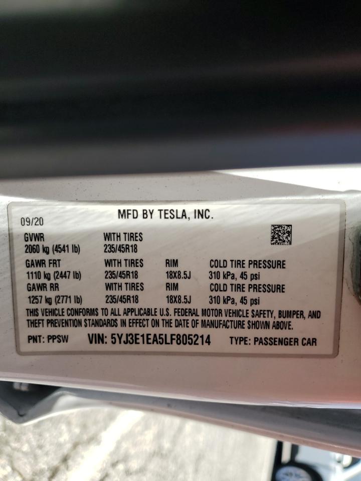 2020 Tesla Model 3 VIN: 5YJ3E1EA5LF805214 Lot: 63230185