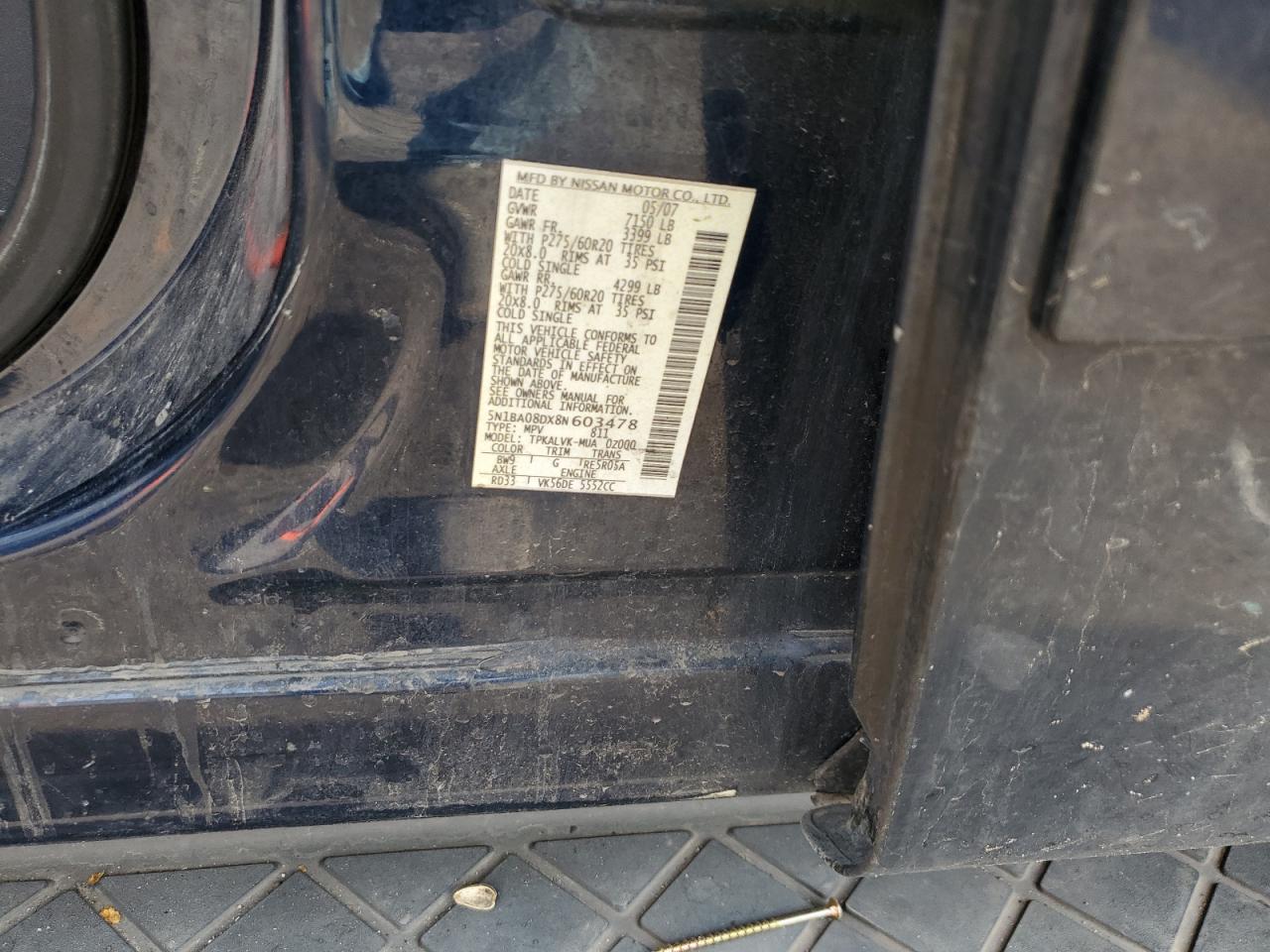 2008 Nissan Armada Se VIN: 5N1BA08DX8N603478 Lot: 66895745