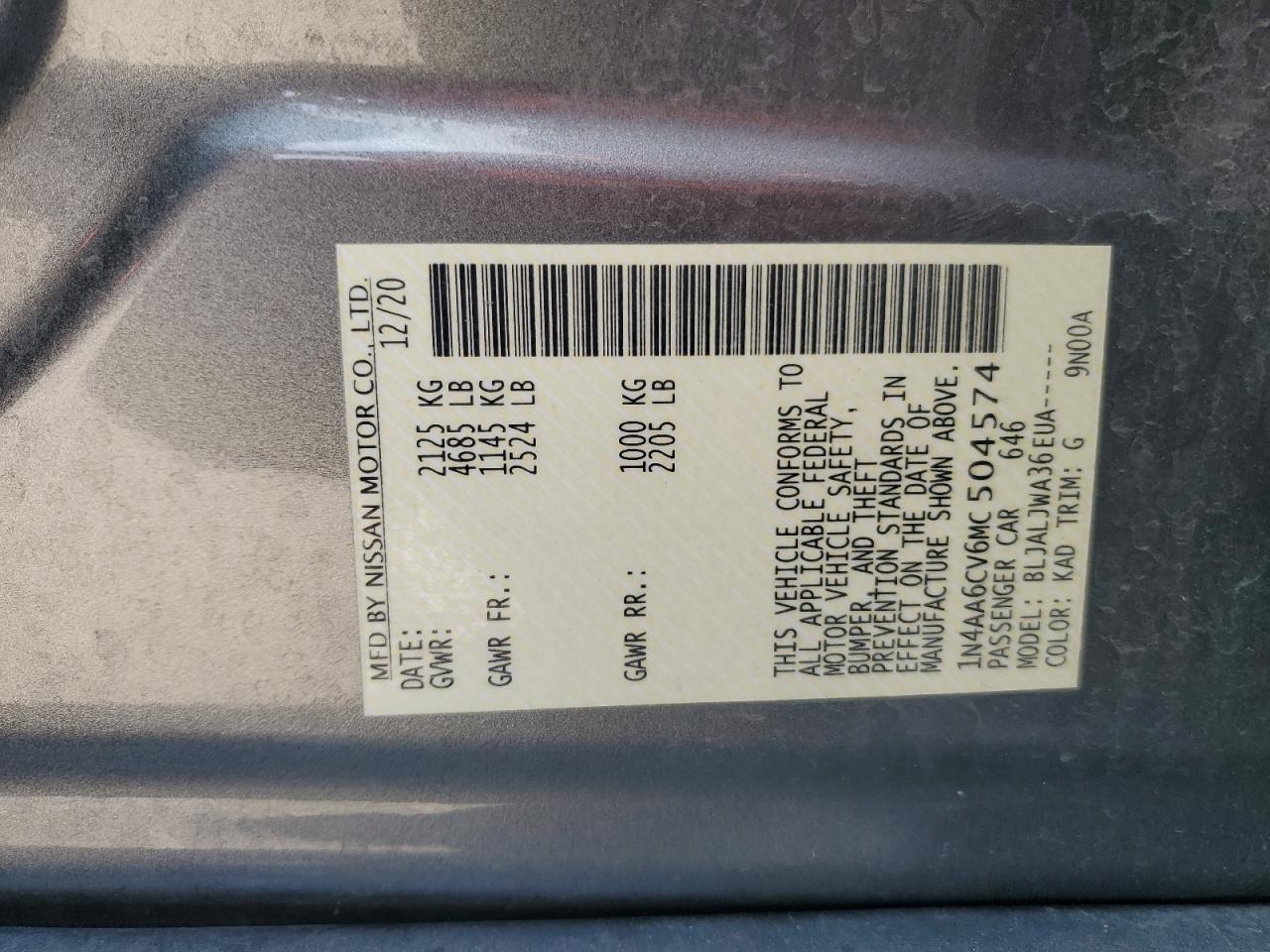 2021 Nissan Maxima Sv VIN: 1N4AA6CV6MC504574 Lot: 64441515