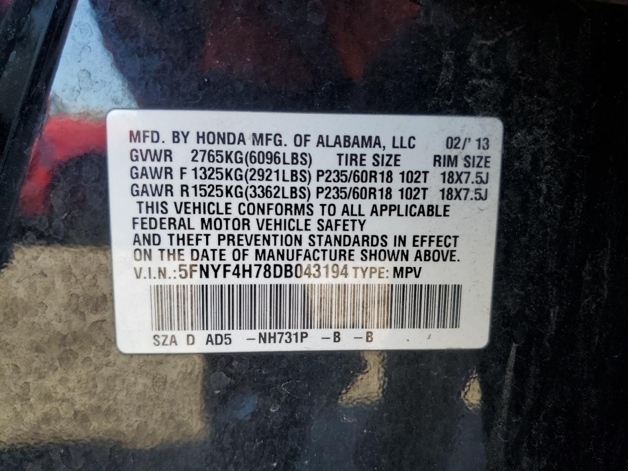2013 Honda Pilot Exln VIN: 5FNYF4H78DB043194 Lot: 63512425