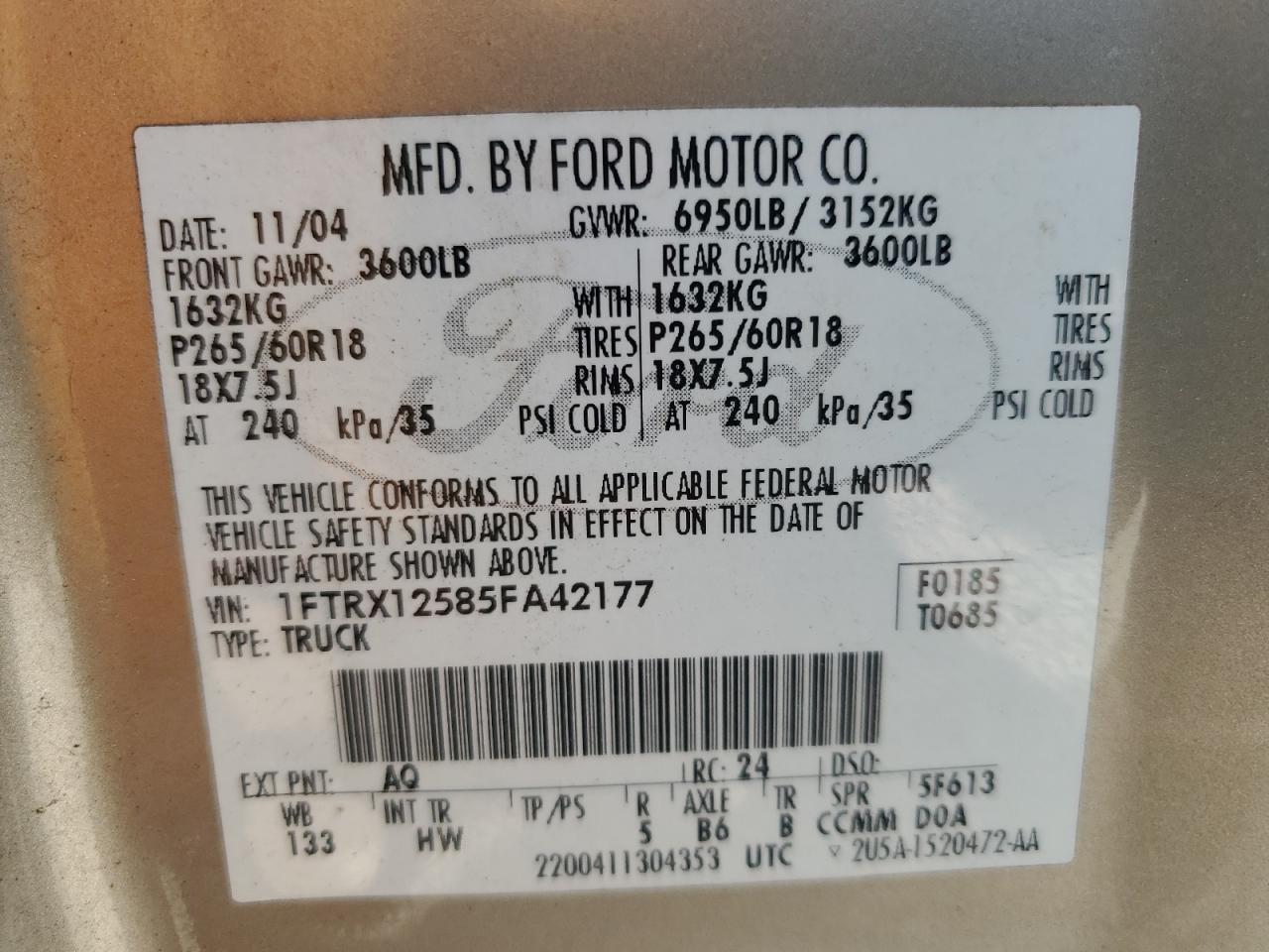 2005 Ford F150 VIN: 1FTRX12585FA42177 Lot: 64841645