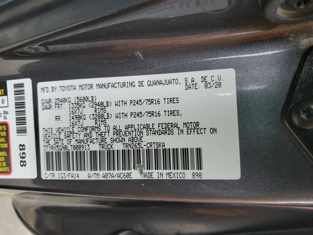 2020 Toyota Tacoma Access Cab VIN: 3TYRX5GN0LT000913 Lot: 66878475