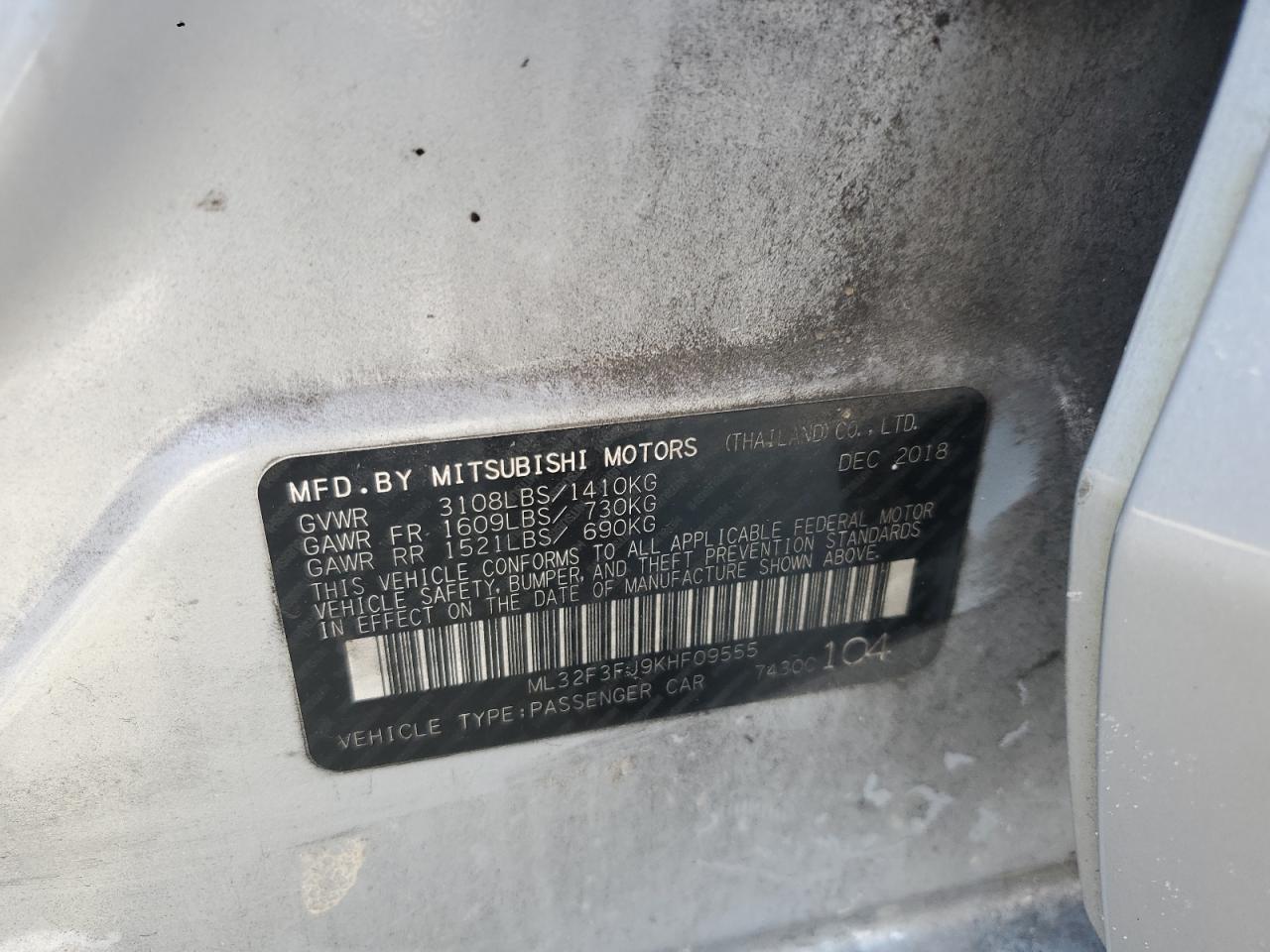 2019 Mitsubishi Mirage G4 Es VIN: ML32F3FJ9KHF09555 Lot: 65209975