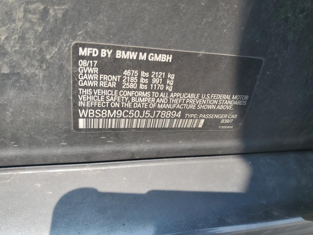 2018 BMW M3 VIN: WBS8M9C50J5J78894 Lot: 64039565