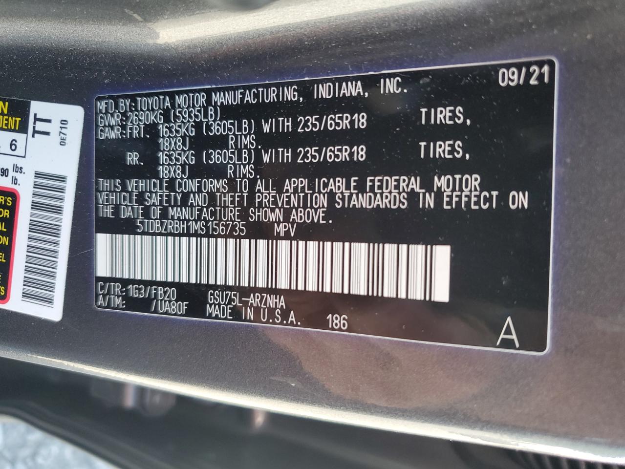 2021 Toyota Highlander L VIN: 5TDBZRBH1MS156735 Lot: 64376445