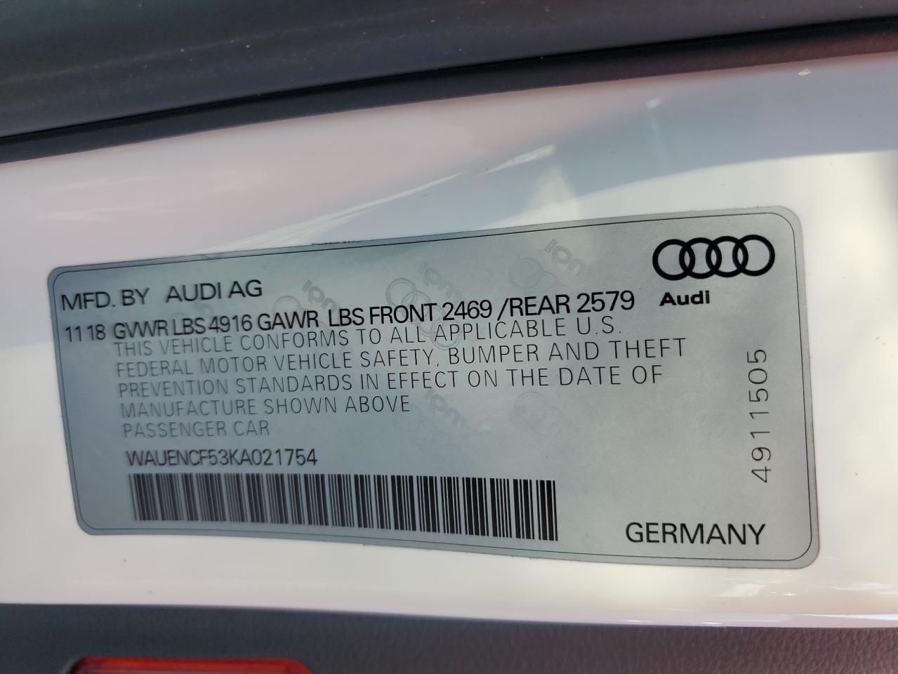 2019 Audi A5 Premium Plus S-Line VIN: WAUENCF53KA021754 Lot: 62816285