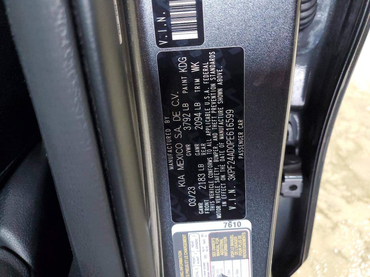 2023 Kia Forte Lx VIN: 3KPF24AD0PE616599 Lot: 63220115