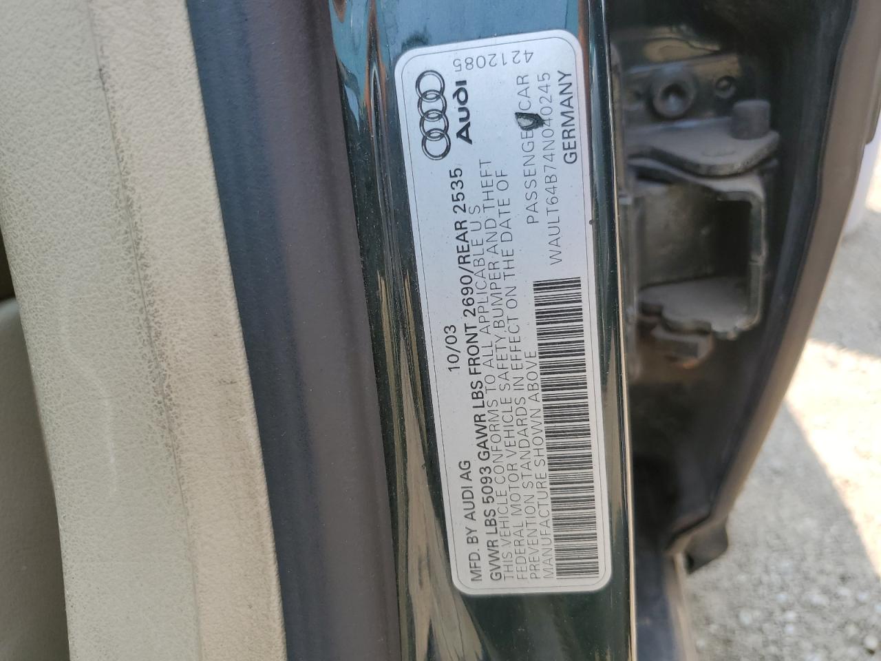 2004 Audi A6 3.0 Quattro VIN: WAULT64B74N040245 Lot: 64377645