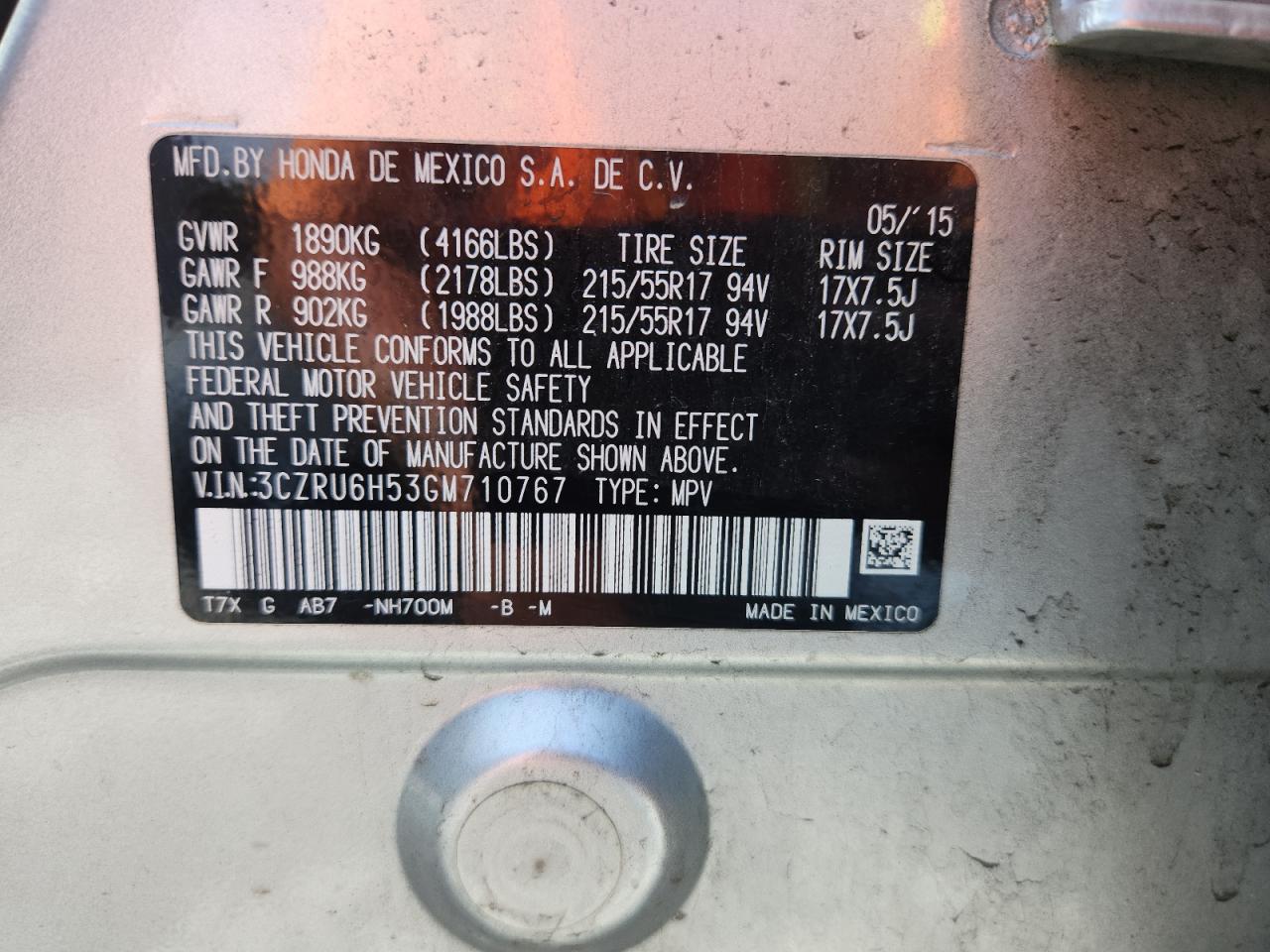 2016 Honda Hr-V Ex VIN: 3CZRU6H53GM710767 Lot: 64900065