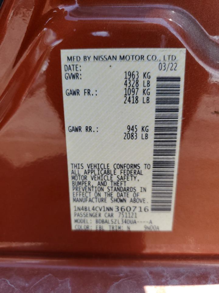 2022 Nissan Altima Sr VIN: 1N4BL4CV1NN360716 Lot: 64570215