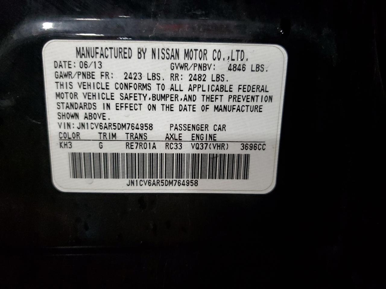 2013 Infiniti G37 VIN: JN1CV6AR5DM764958 Lot: 64721215