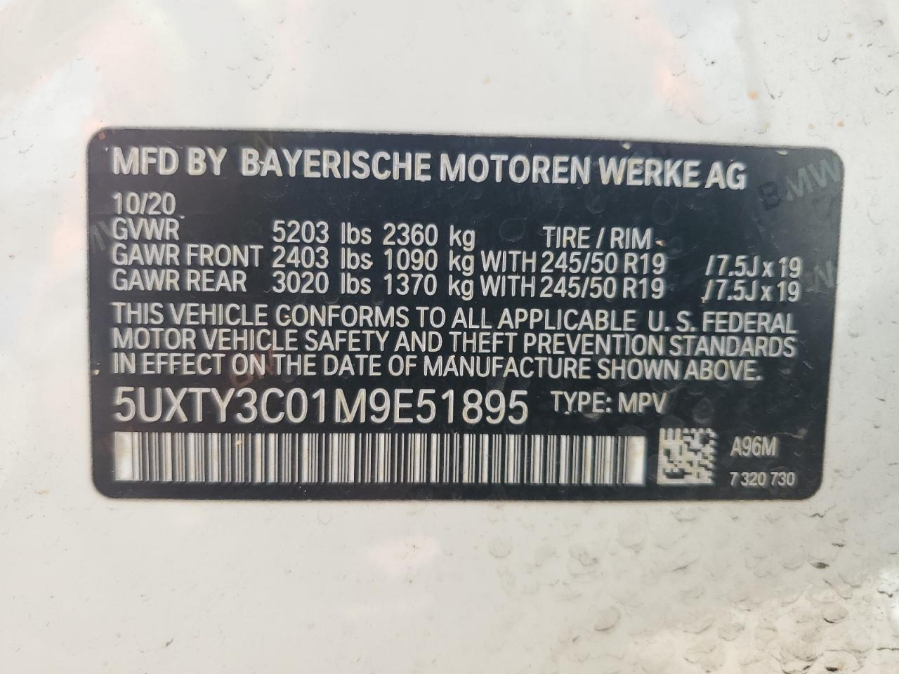 2021 BMW X3 Sdrive30I VIN: 5UXTY3C01M9E51895 Lot: 64559395
