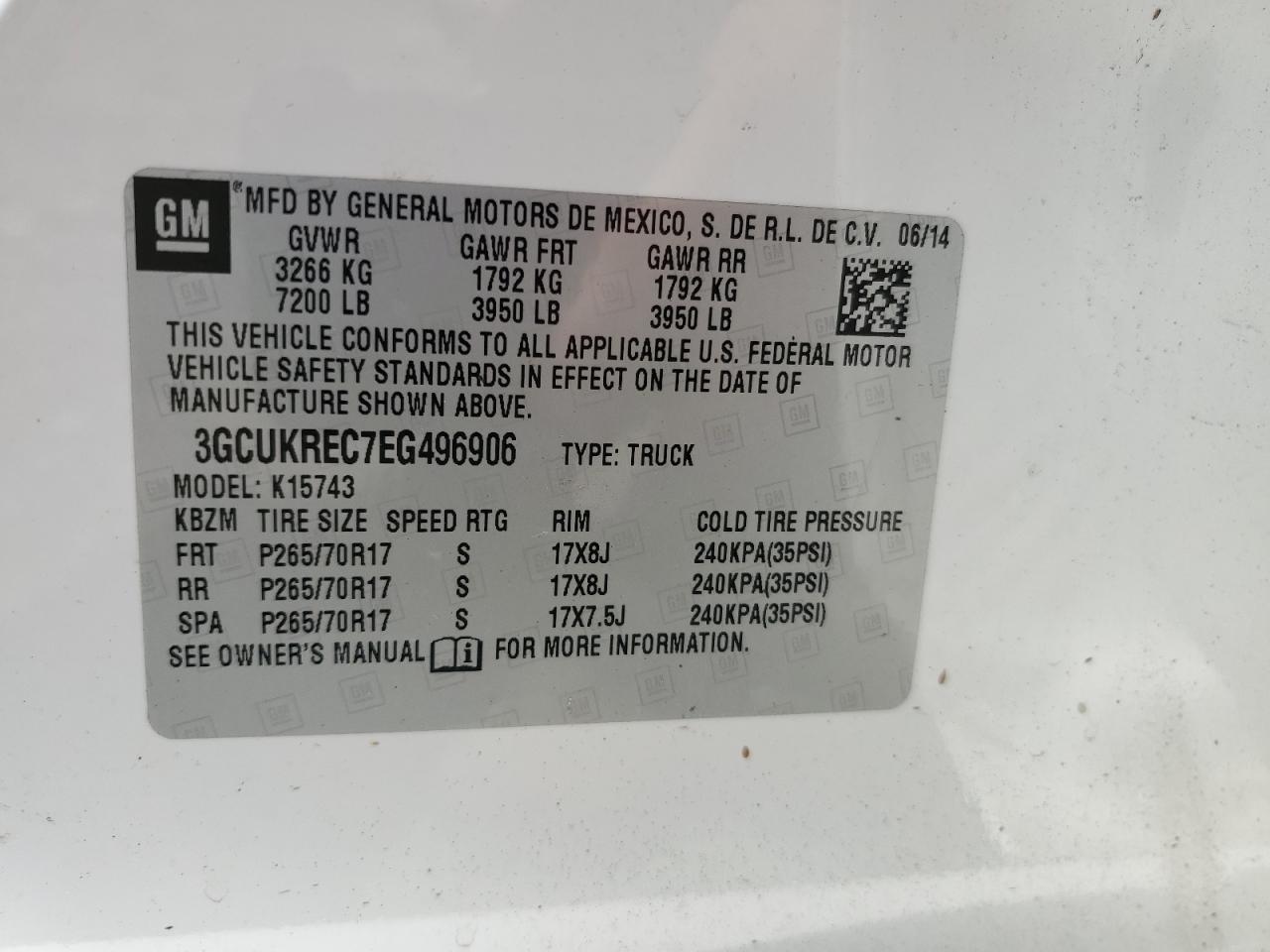 2014 Chevrolet Silverado K1500 Lt VIN: 3GCUKREC7EG496906 Lot: 64402985