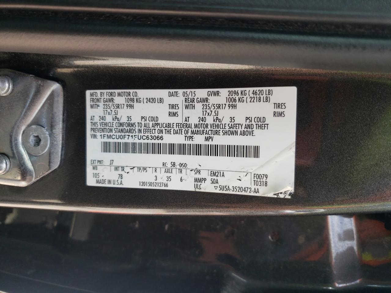 2015 Ford Escape S VIN: 1FMCU0F71FUC63066 Lot: 64855835