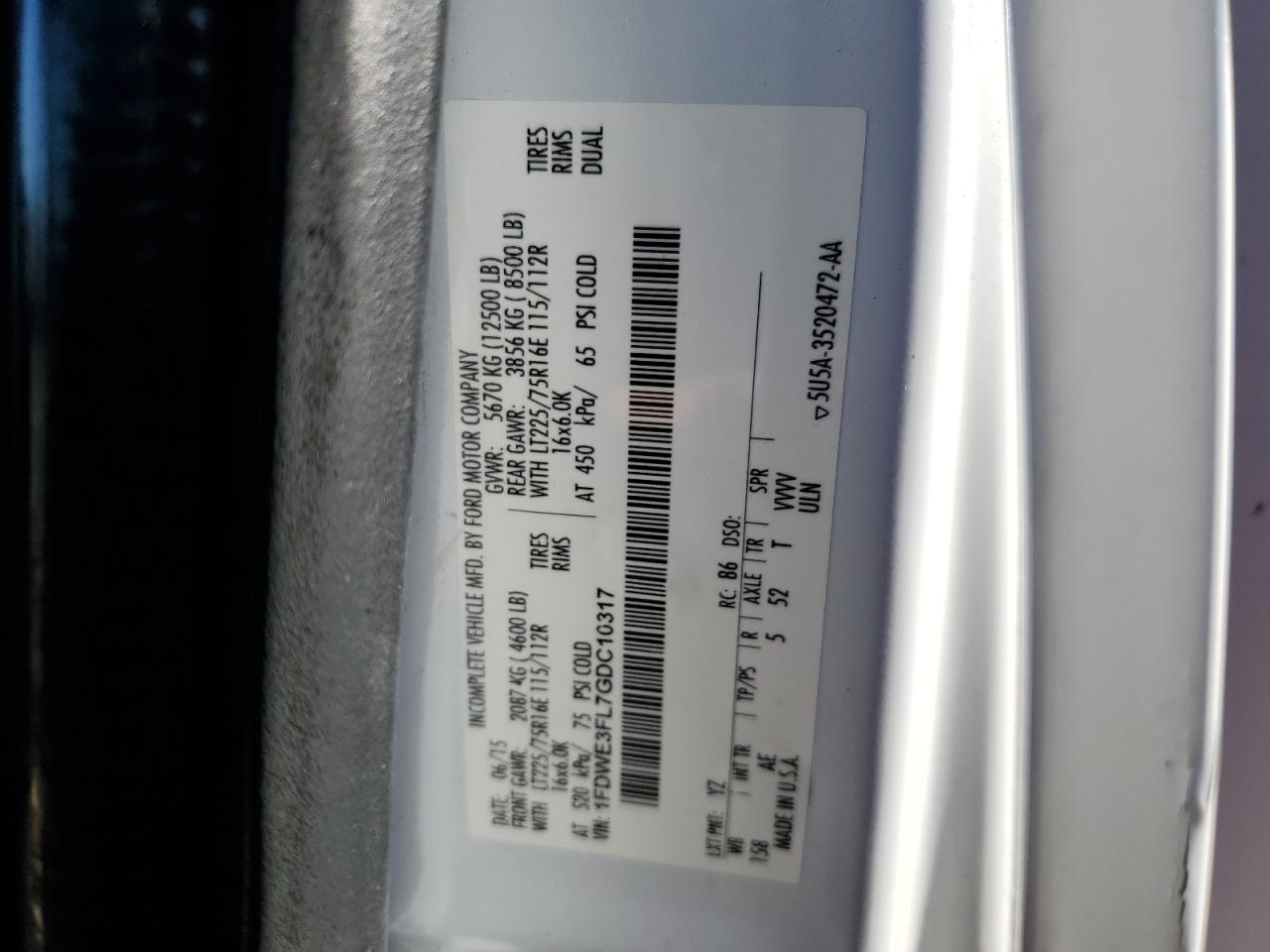 2016 Ford Econoline E350 Super Duty Cutaway Van VIN: 1FDWE3FL7GDC10317 Lot: 63976095