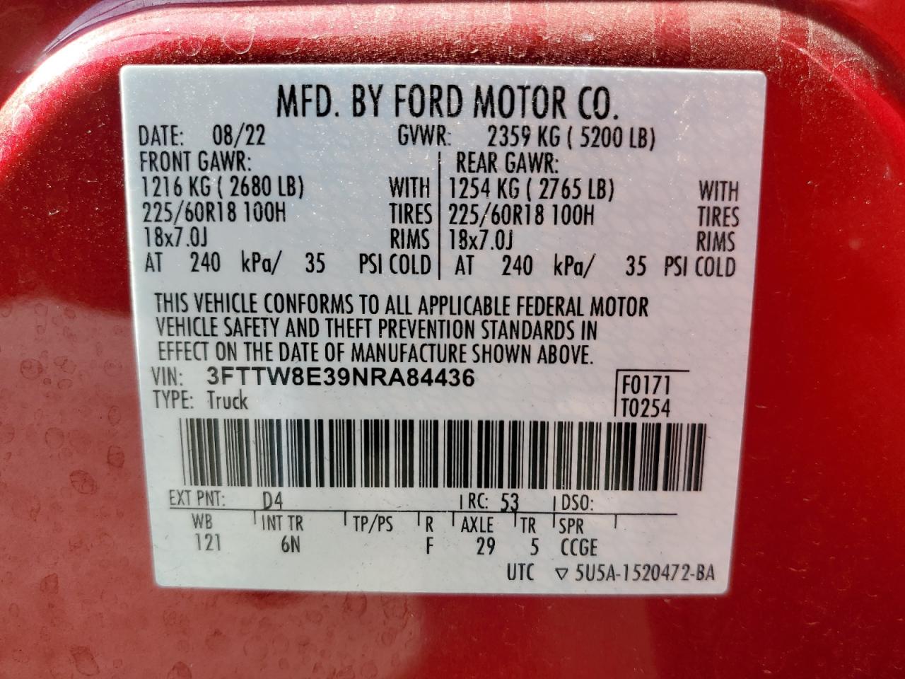 2022 Ford Maverick Xl VIN: 3FTTW8E39NRA84436 Lot: 63343545