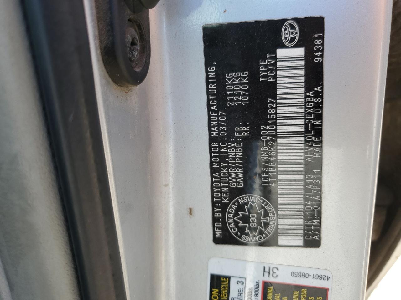 2007 Toyota Camry Hybrid VIN: 4T1BB46K27U015827 Lot: 60794215