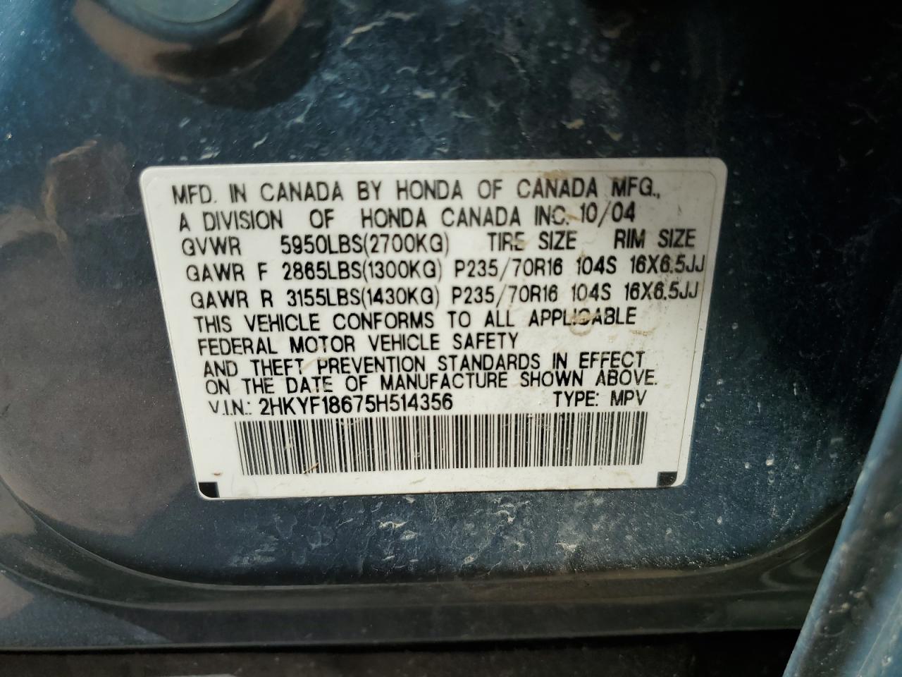 2005 Honda Pilot Exl VIN: 2HKYF18675H514356 Lot: 63867625