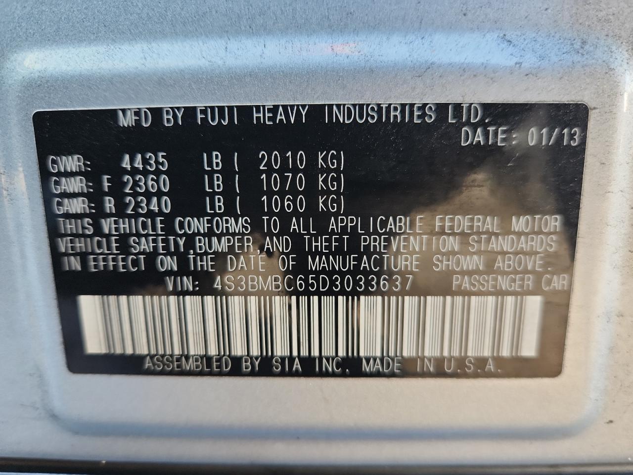 2013 Subaru Legacy 2.5I Premium VIN: 4S3BMBC65D3033637 Lot: 63153415