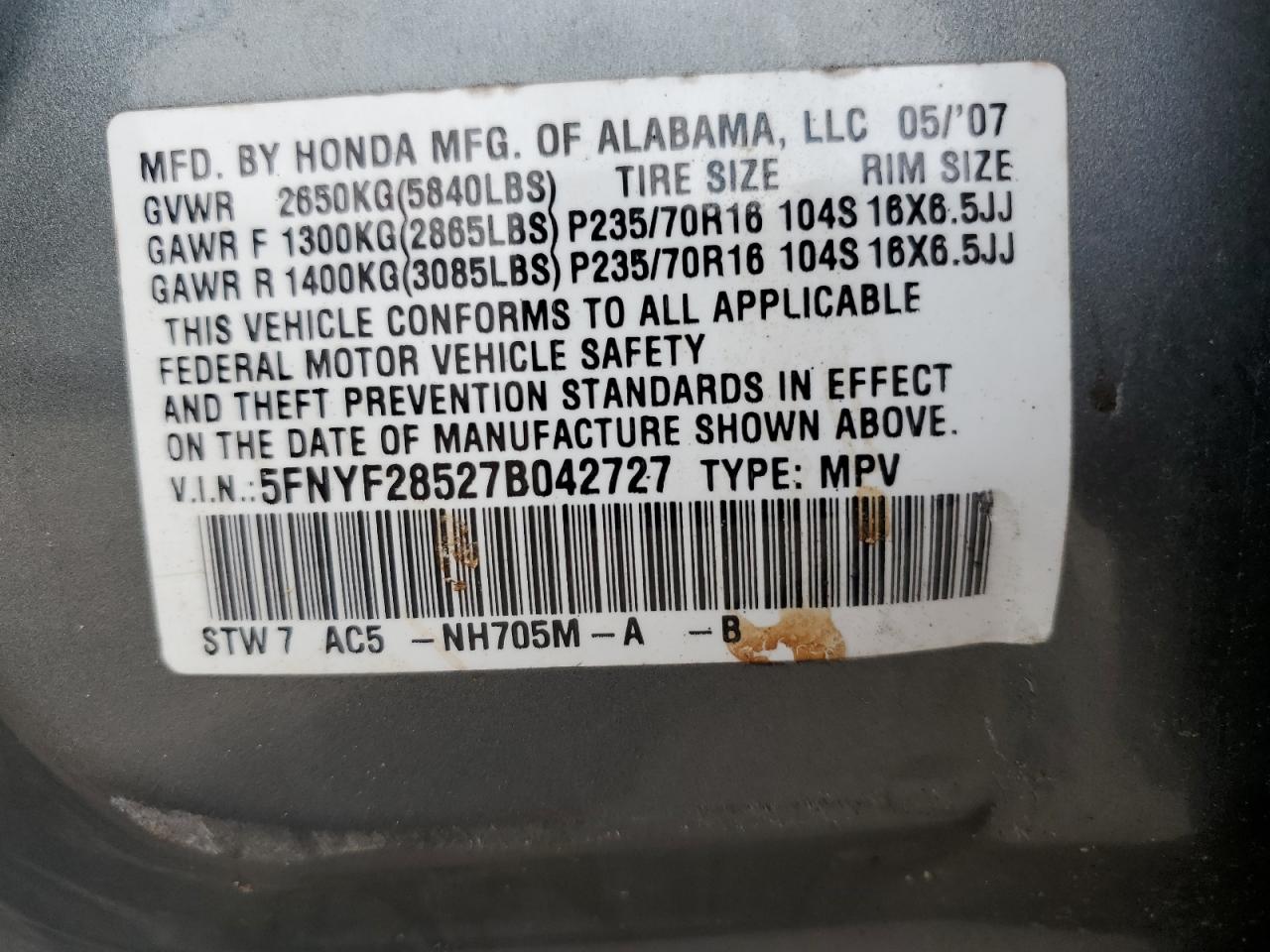 2007 Honda Pilot Exl VIN: 5FNYF28527B042727 Lot: 62751685