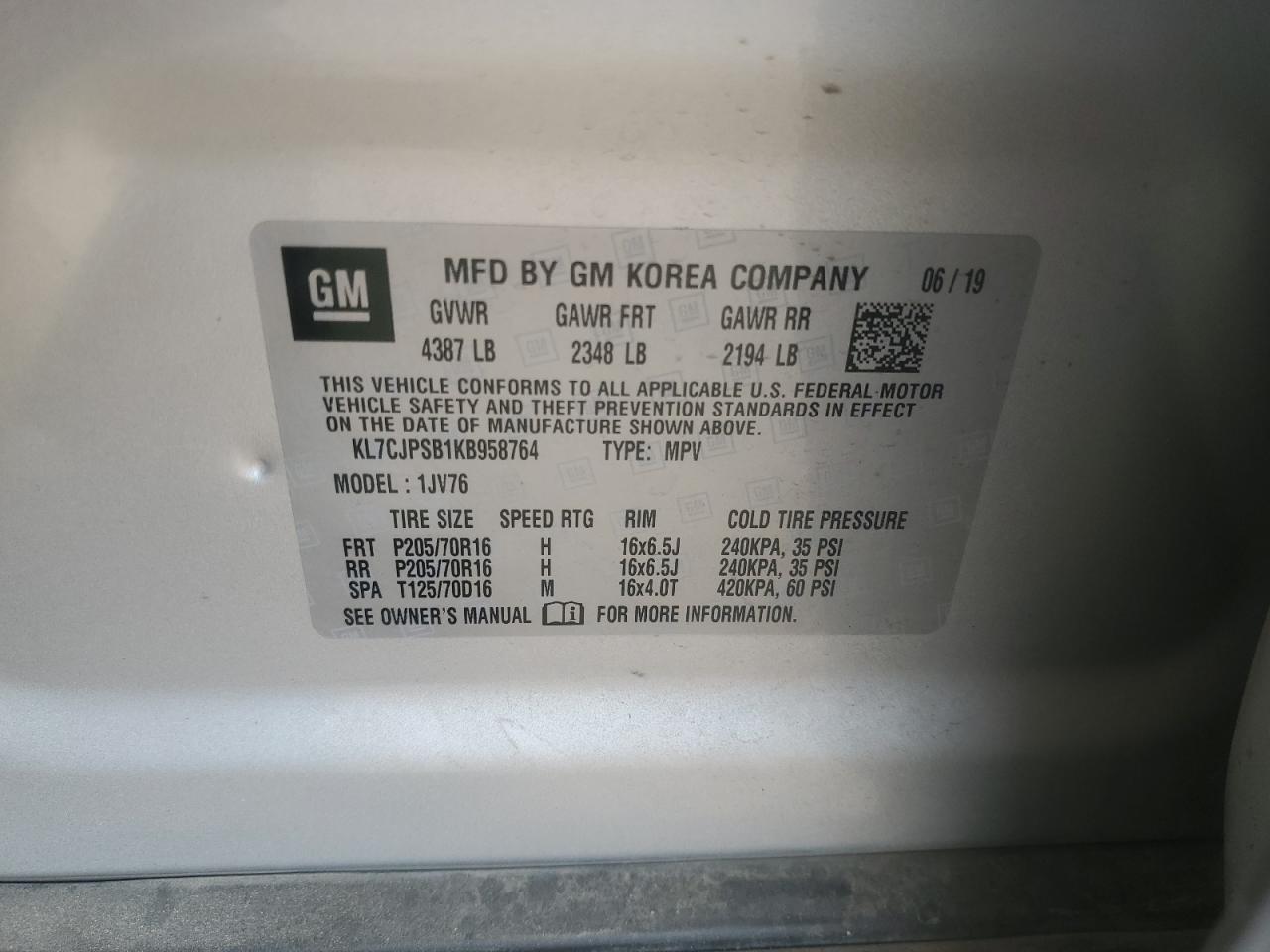 2019 Chevrolet Trax 1Lt VIN: KL7CJPSB1KB958764 Lot: 64836055