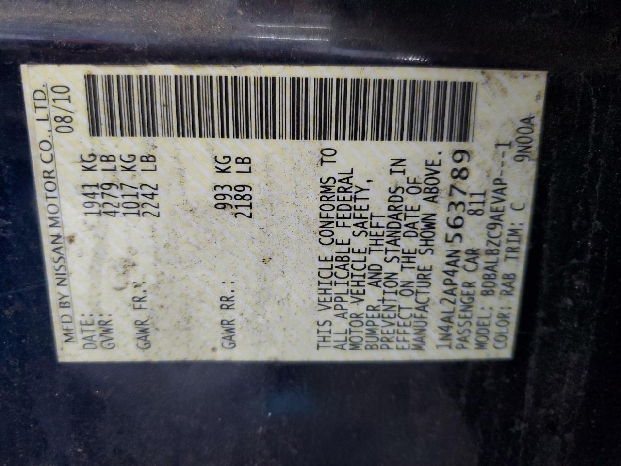 2010 Nissan Altima Base VIN: 1N4AL2AP4AN563789 Lot: 64814495