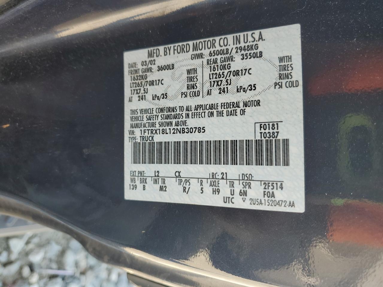 2002 Ford F150 VIN: 1FTRX18L12NB30785 Lot: 64501625