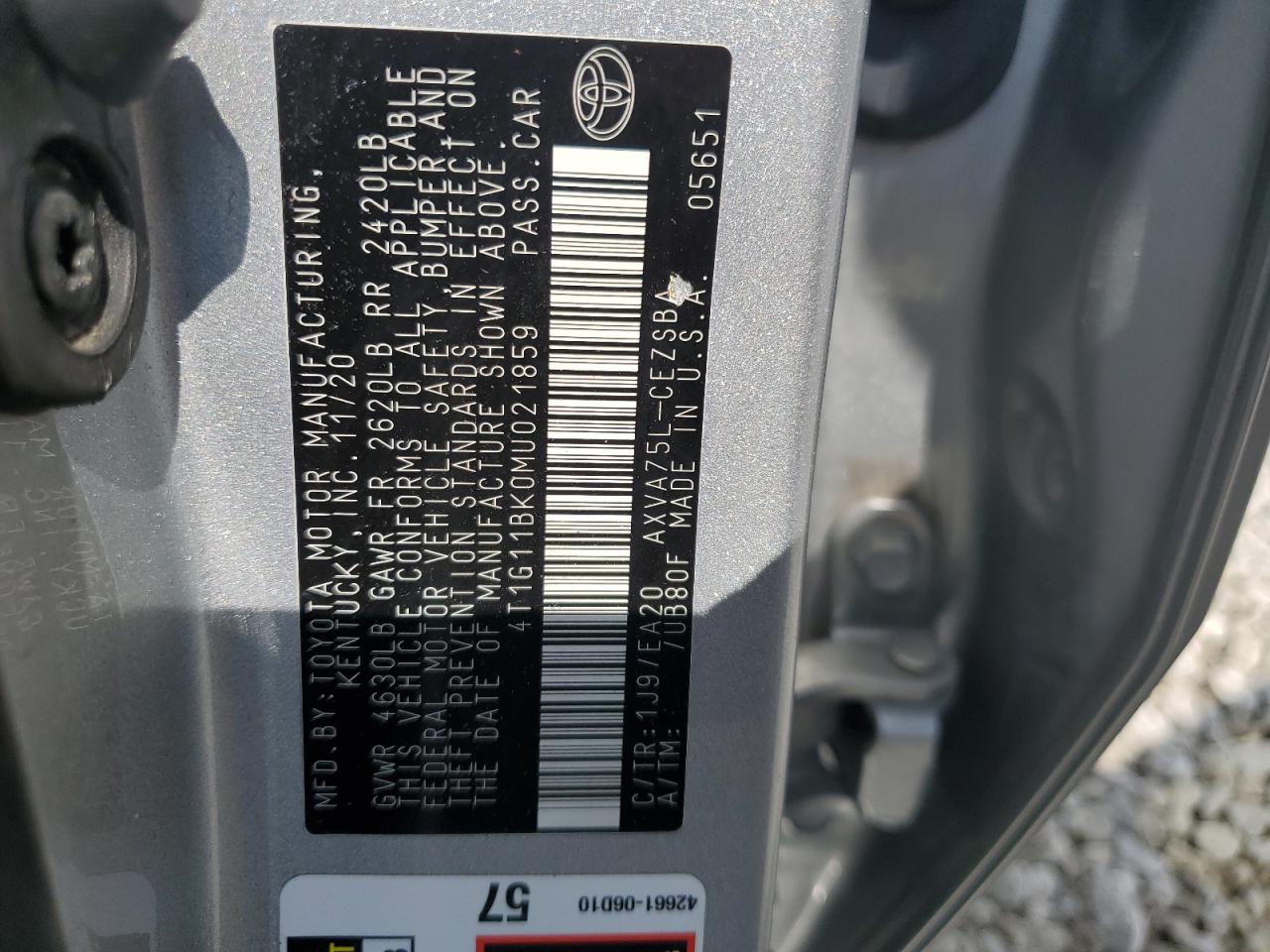 2021 Toyota Camry Se VIN: 4T1G11BK0MU021859 Lot: 64731485
