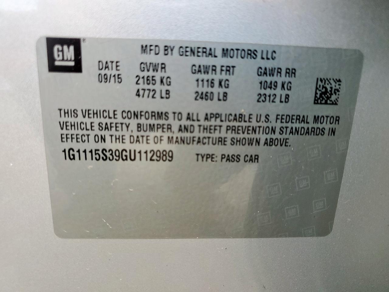 2016 Chevrolet Impala Lt VIN: 1G1115S39GU112989 Lot: 64834515