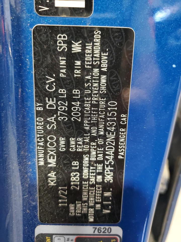 2022 Kia Forte Gt Line VIN: 3KPF54AD2NE431510 Lot: 64124905