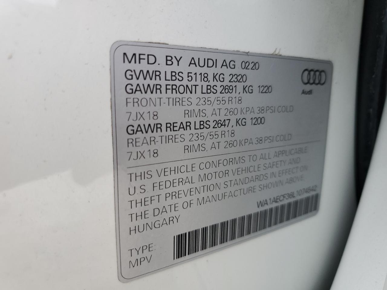 2020 Audi Q3 Premium VIN: WA1AECF36L1074542 Lot: 65404345