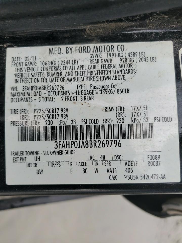 2011 Ford Fusion Sel VIN: 3FAHP0JA8BR269796 Lot: 64836415