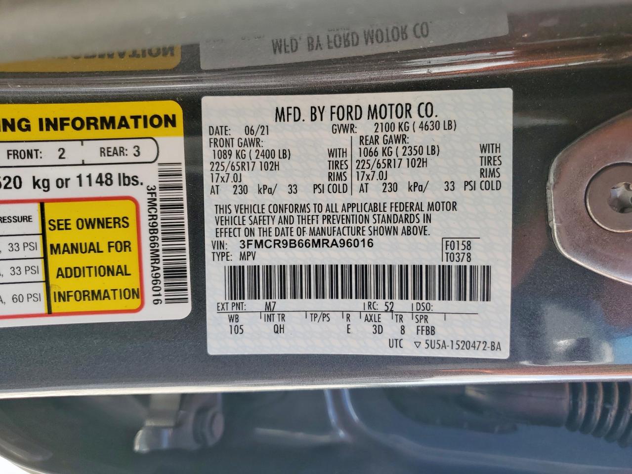 2021 Ford Bronco Sport Big Bend VIN: 3FMCR9B66MRA96016 Lot: 64901125