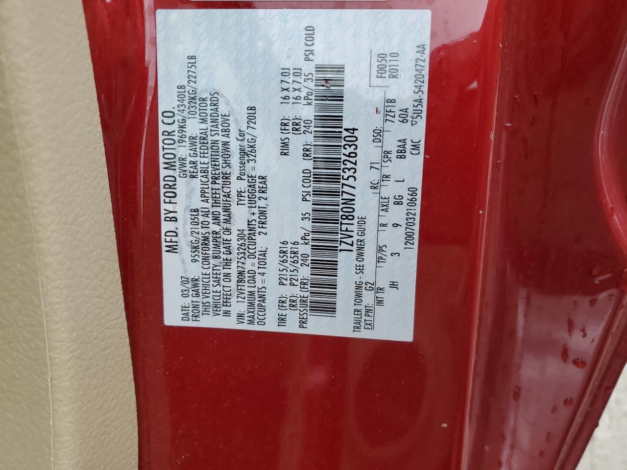 2007 Ford Mustang VIN: 1ZVFT80N775326304 Lot: 64967795