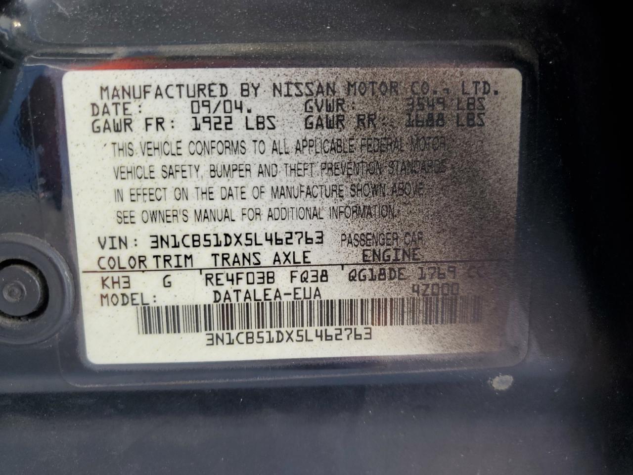 2005 Nissan Sentra 1.8 VIN: 3N1CB51DX5L462763 Lot: 63852715