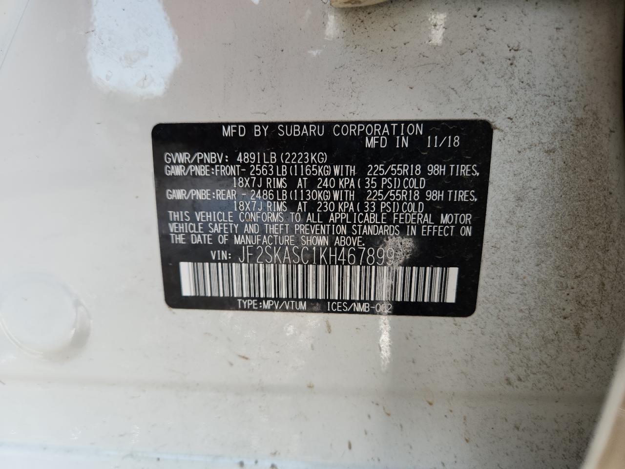 2019 Subaru Forester Limited VIN: JF2SKASC1KH467899 Lot: 63763005