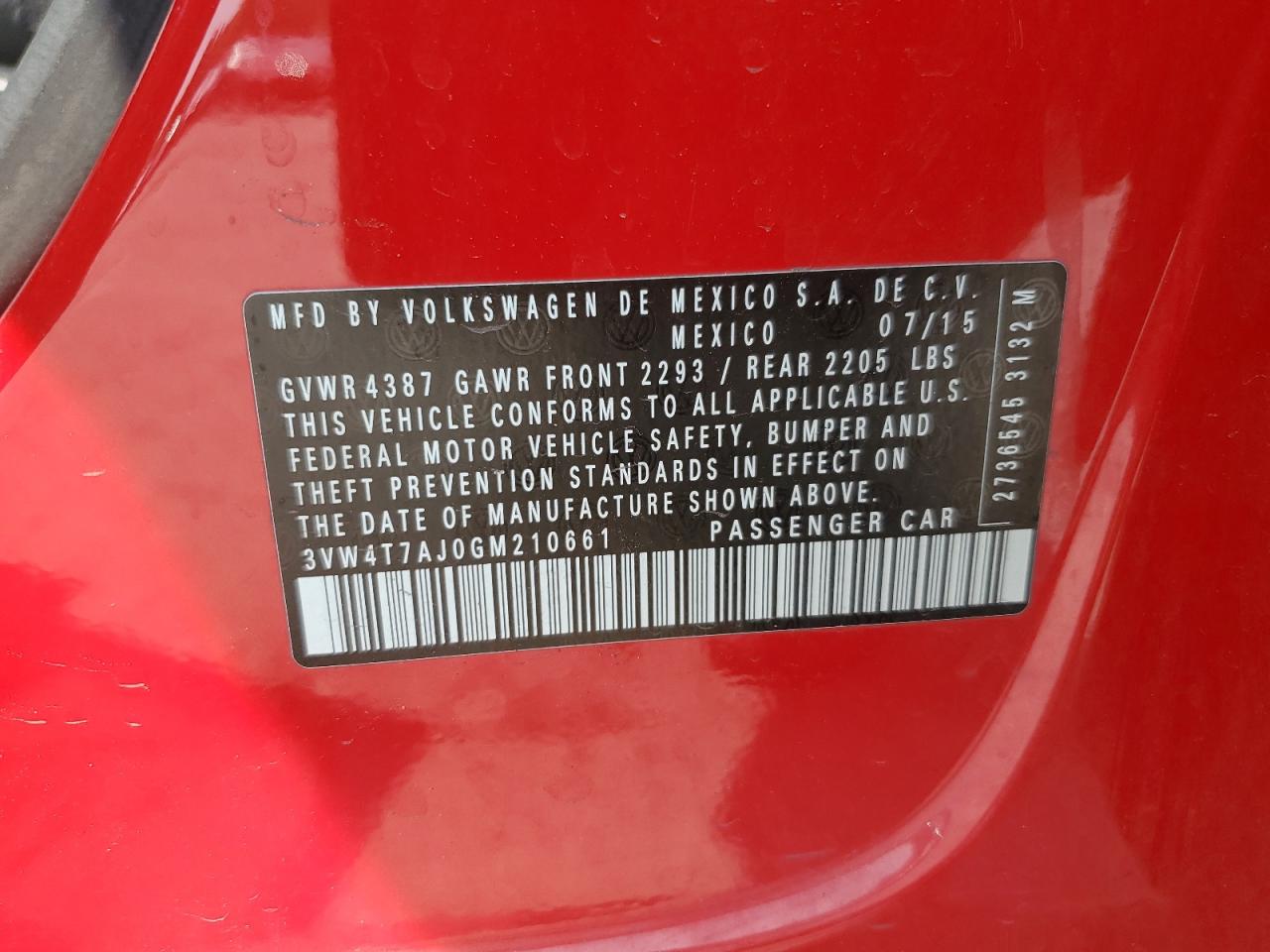 2016 Volkswagen Jetta Gli VIN: 3VW4T7AJ0GM210661 Lot: 66922595