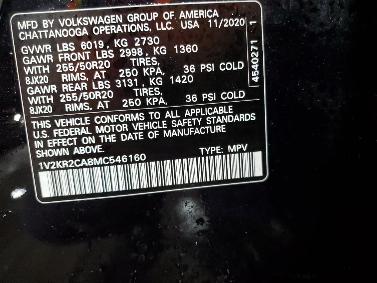 2021 Volkswagen Atlas Se VIN: 1V2KR2CA8MC546160 Lot: 65985835