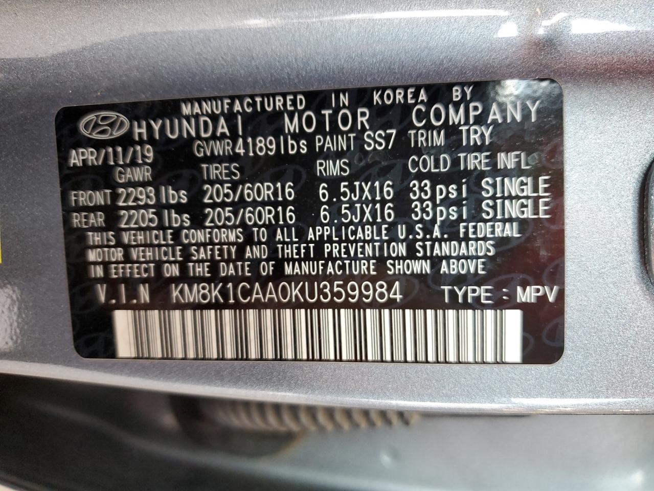 2019 Hyundai Kona Se VIN: KM8K1CAA0KU359984 Lot: 62933225