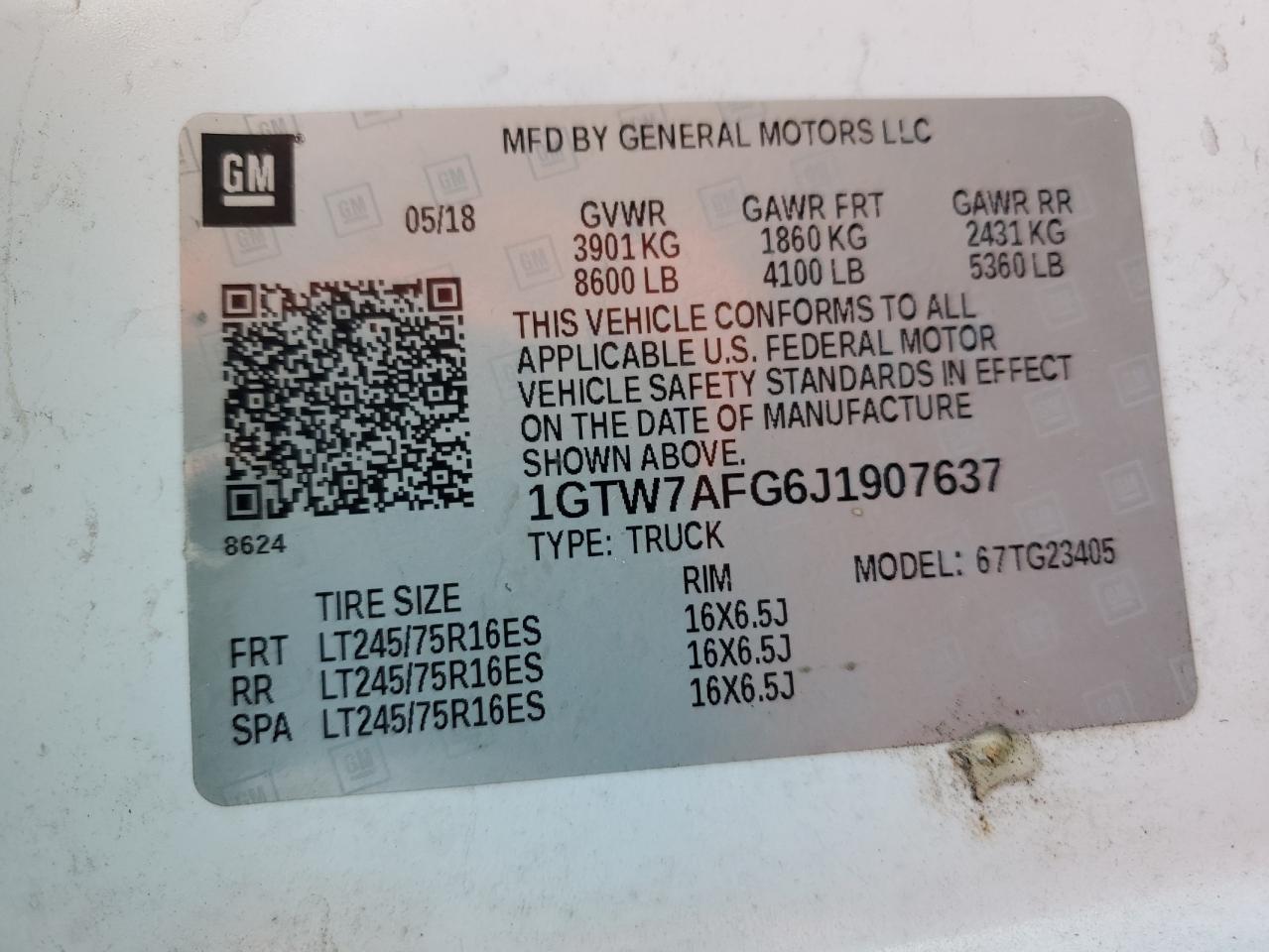 2018 GMC Savana G2500 VIN: 1GTW7AFG6J1907637 Lot: 62922615