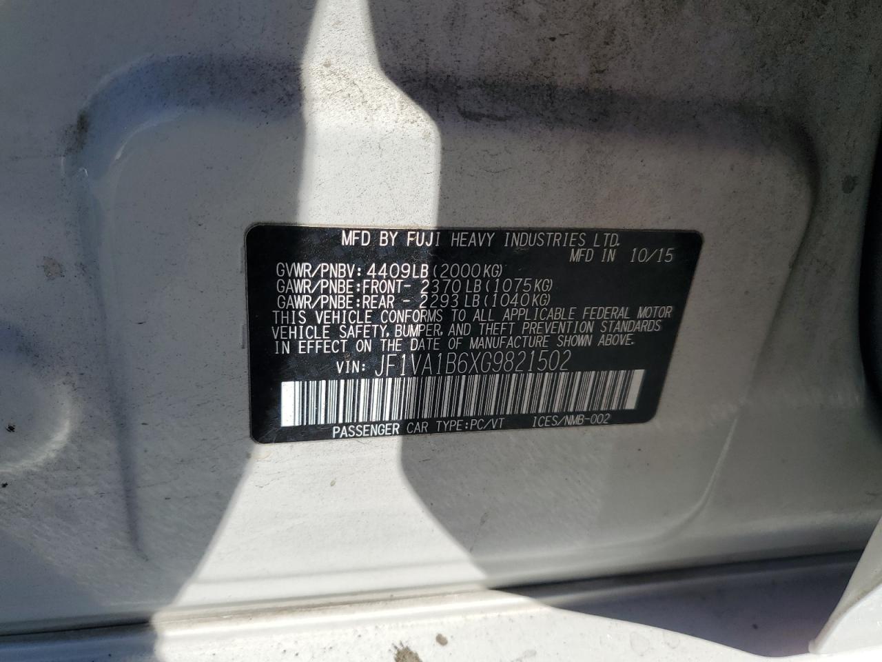 2016 Subaru Wrx VIN: JF1VA1B6XG9821502 Lot: 66663785