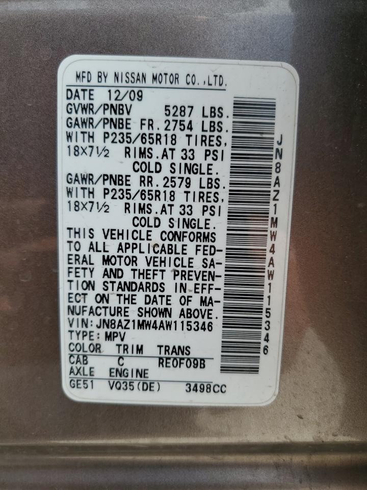 2010 Nissan Murano S VIN: JN8AZ1MW4AW115346 Lot: 63426685