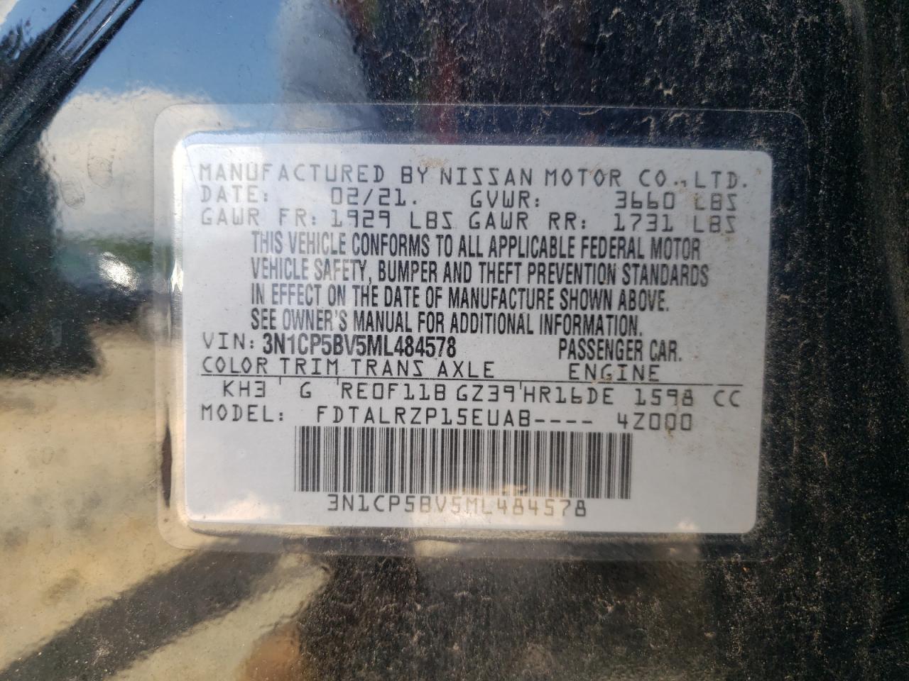 2021 Nissan Kicks S VIN: 3N1CP5BV5ML484578 Lot: 64825775