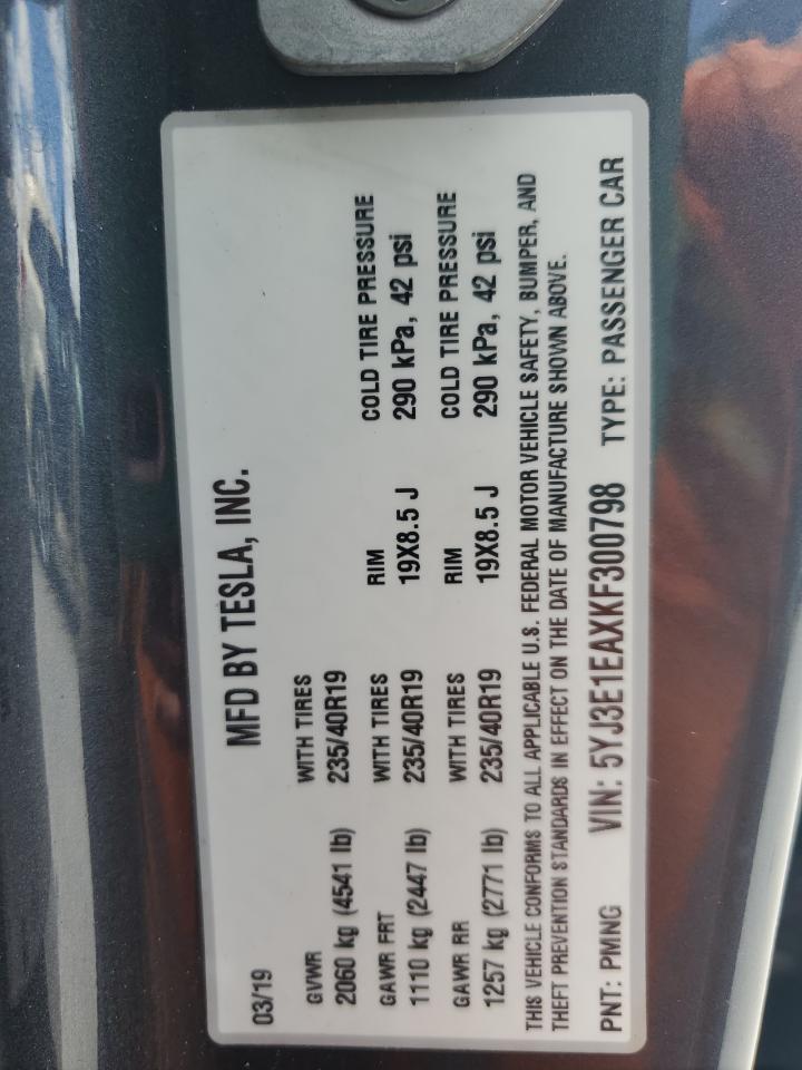 2019 Tesla Model 3 VIN: 5YJ3E1EAXKF300798 Lot: 65070315