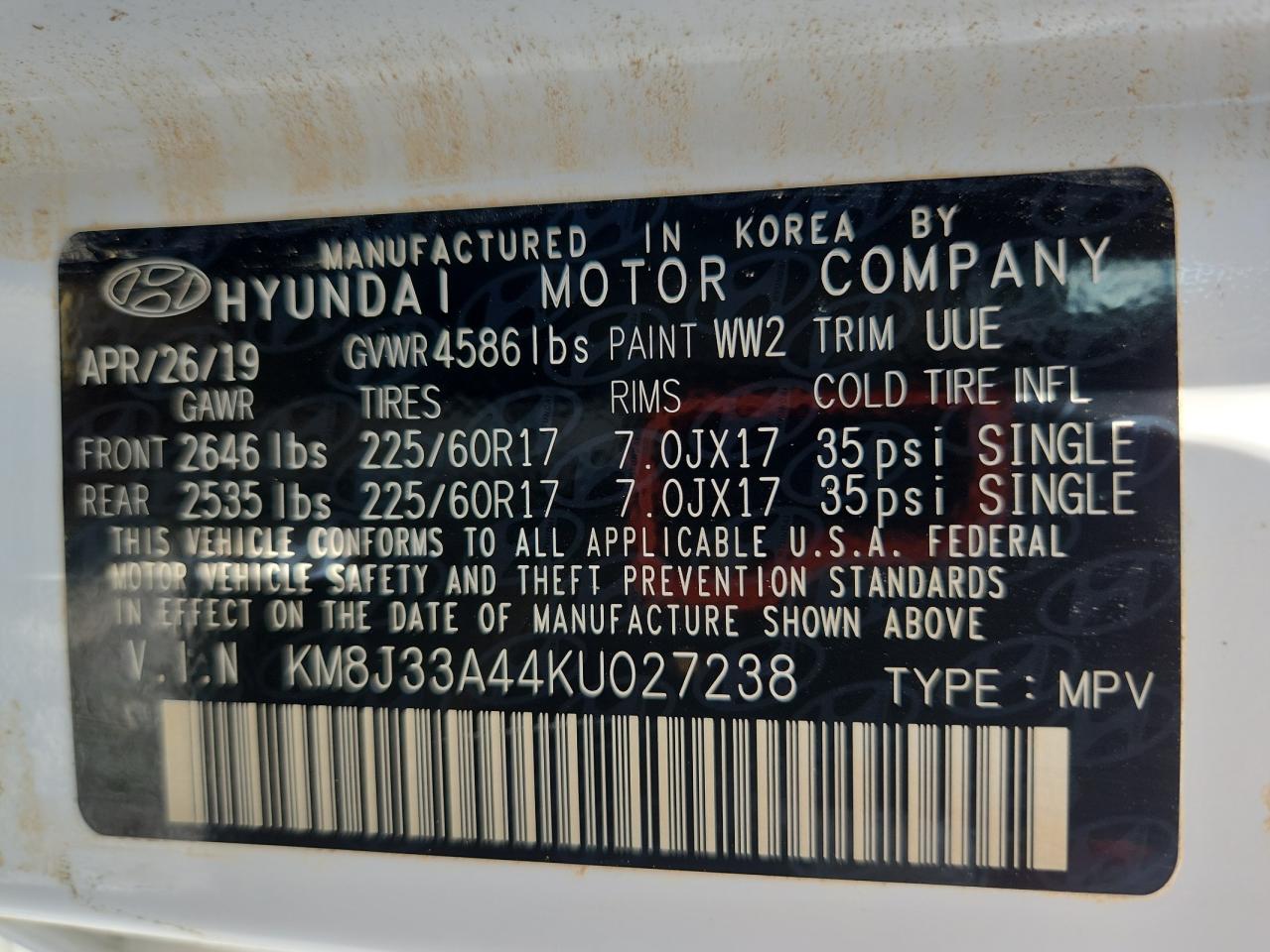 2019 Hyundai Tucson Limited VIN: KM8J33A44KU027238 Lot: 64676325