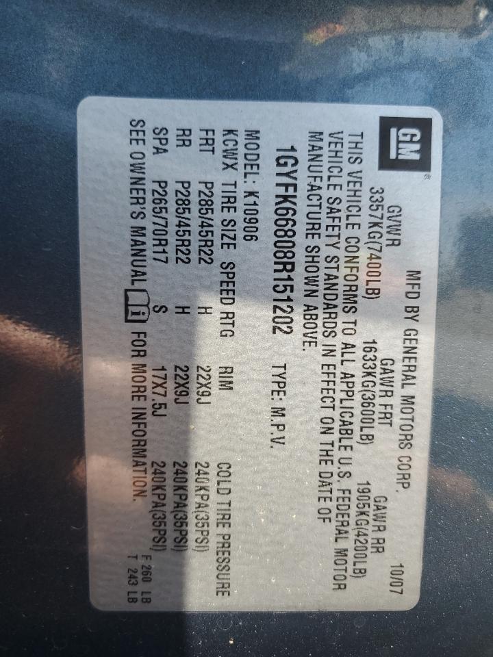 2008 Cadillac Escalade Esv VIN: 1GYFK66808R151202 Lot: 64321645
