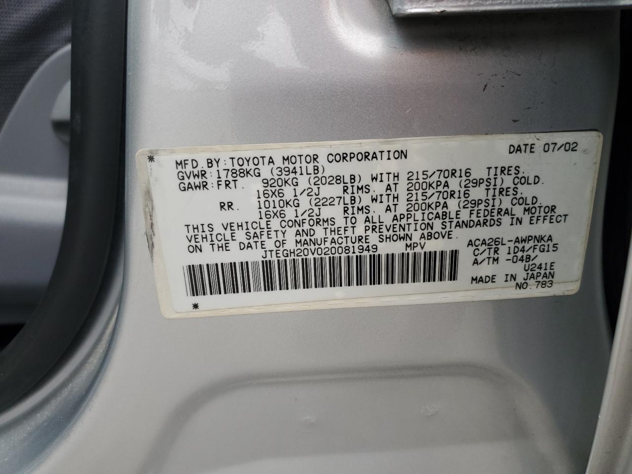 2002 Toyota Rav4 VIN: JTEGH20V020081949 Lot: 64970955