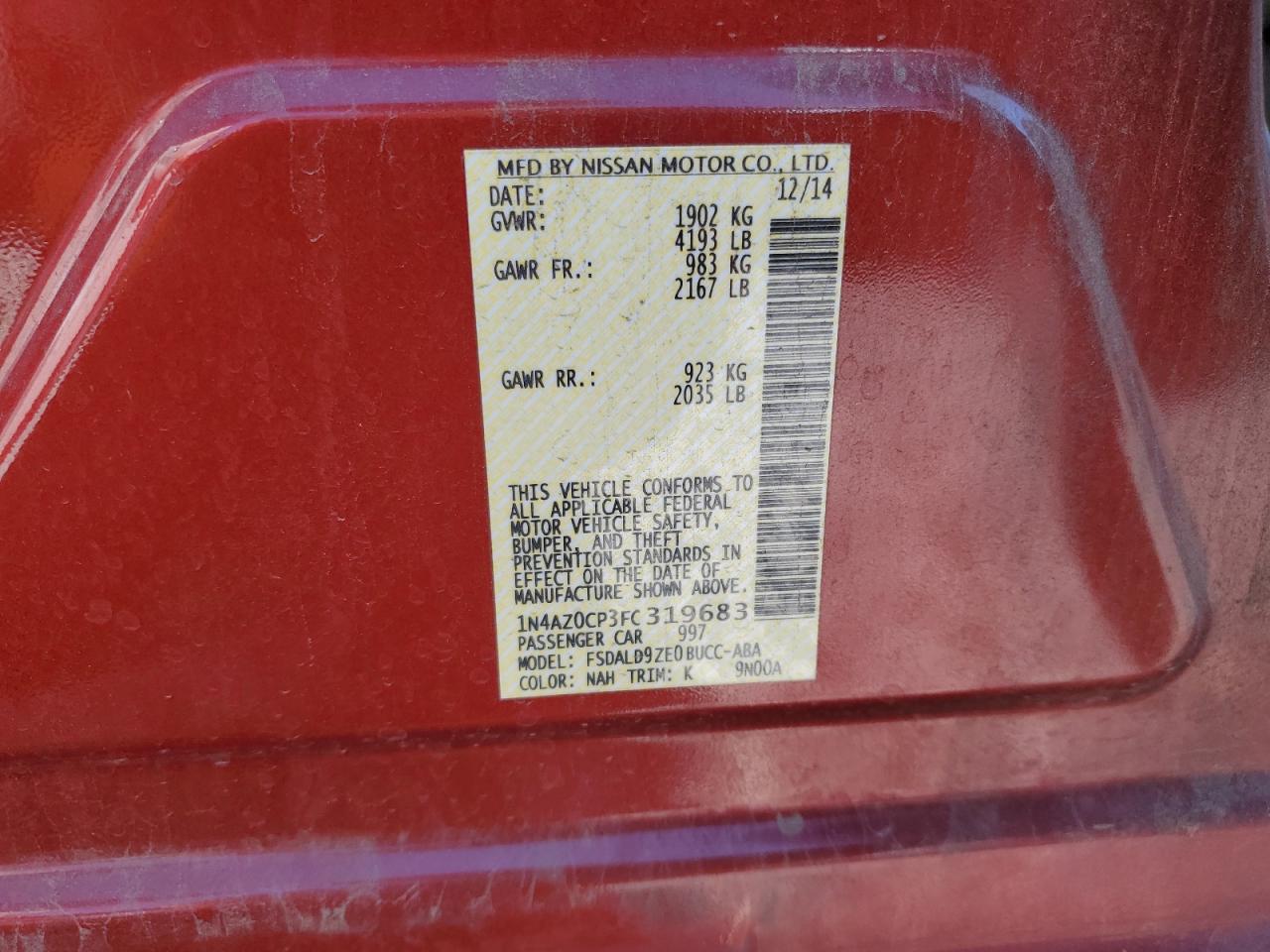 2015 Nissan Leaf S VIN: 1N4AZ0CP3FC319683 Lot: 65636545