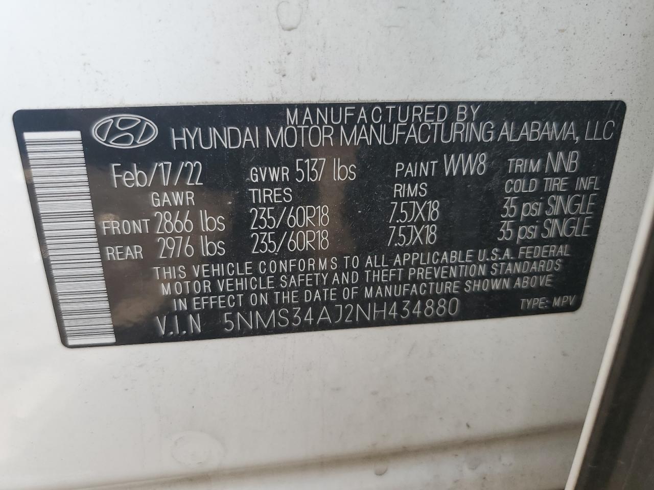 2022 Hyundai Santa Fe Sel VIN: 5NMS34AJ2NH434880 Lot: 64032605